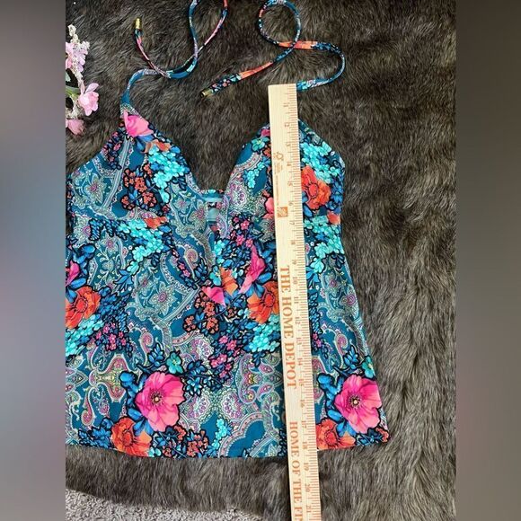 Laundry By Shelli Segal Turquoise Colorful Floral Paisley Ruffle Tankini Top M - Picture 2 of 8